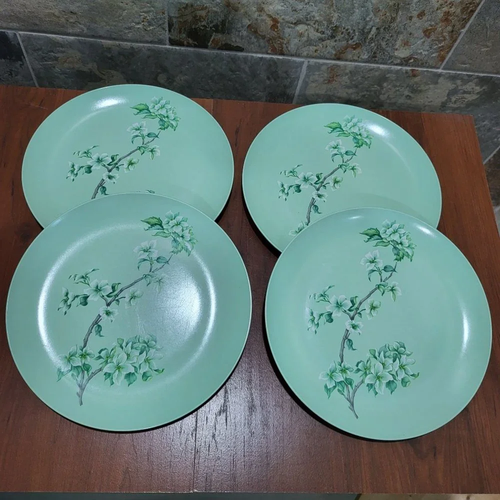 VTG Somerset Made in Boonton 6103 Green Plate Dogwood Flowers on a Branch Set o
